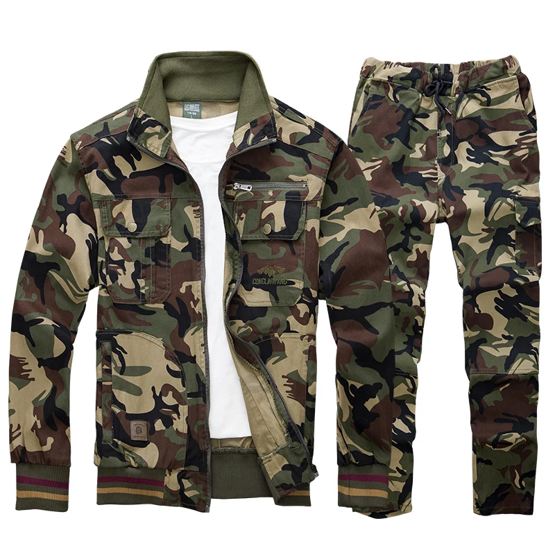 Autumn Men's Camouflage Military Cargo Jacket + Pants Sets Male Cotton Welding Anti-scald Wear-resistant Elastic Workwear Suit