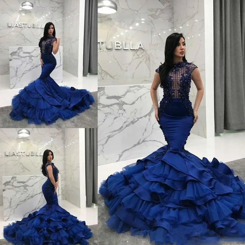 

New Mermaid Prom Dresses 2021 Royal Blue Evening Gowns Lace Applique Tiered Ruffles Beaded Robe de soiree Formal Party Dress
