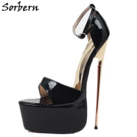 sorbern black patent sandals women 22cm high heel summer shoes for ladies platform ankle strap size 11 women shoes big size