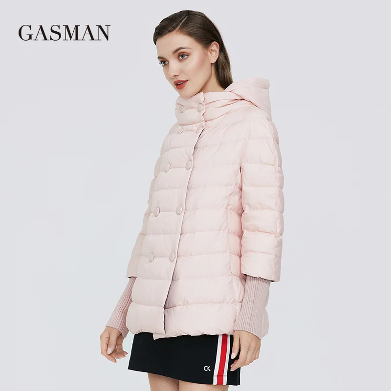 Бренд GASMAN розовая Модная трикотажная куртка с капюшоном зимняя женская короткая
