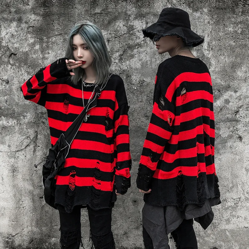 

Unisex Gothic Striped Knitted Sweaters Women Fall 2021 Fashion Punk Pull Over Sweater Female Hollow Out Couple Jumpers Toppies