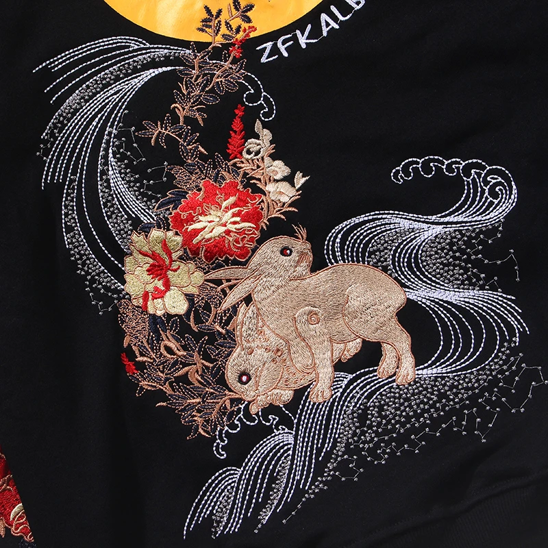

Aolamegs Chinese Casual Hoodies Men High Street Hooded Sweatshirts Moon Printed Rabbit Embroidery Pullover Couple Autumn Tops