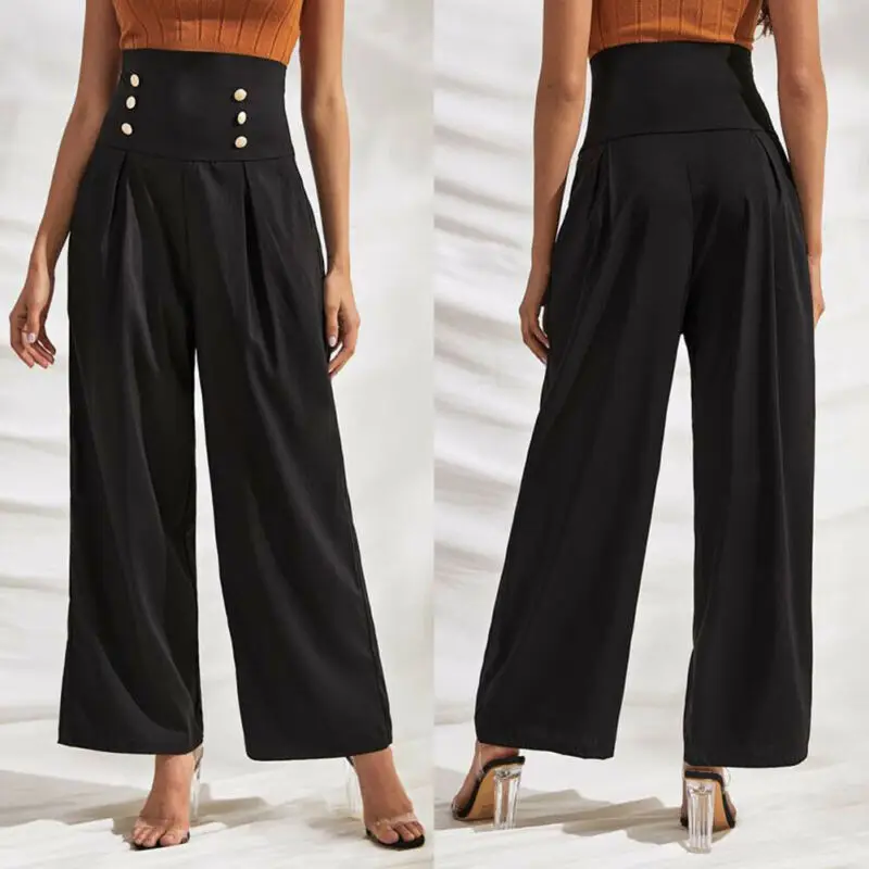 

UK Women Fashion High Waist Flared Wide Leg OL Work Button Long Trousers Pants
