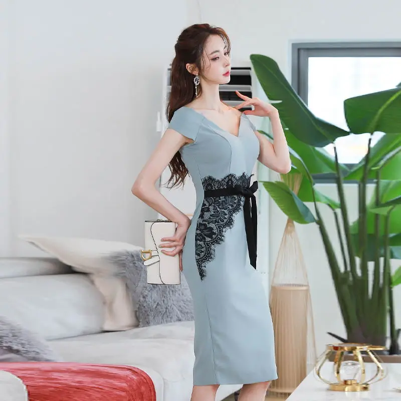 

Fashion Summer Casual Slim Lace Patchwork Vestidoes Women Elegant Korean Office Lady Dresses Sexy V-Neck Pencil Dress Female