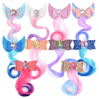 10pcslot gradient wigs hair bows for girls unicorn memaid glitter wing hair clip boutique handmade barrettes hair accessories