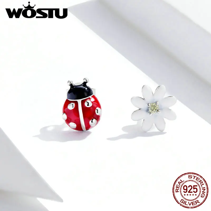 WOSTU 100% Стерлинговое Серебро 925 пробы серьги-гвоздики с божьей коровкой и