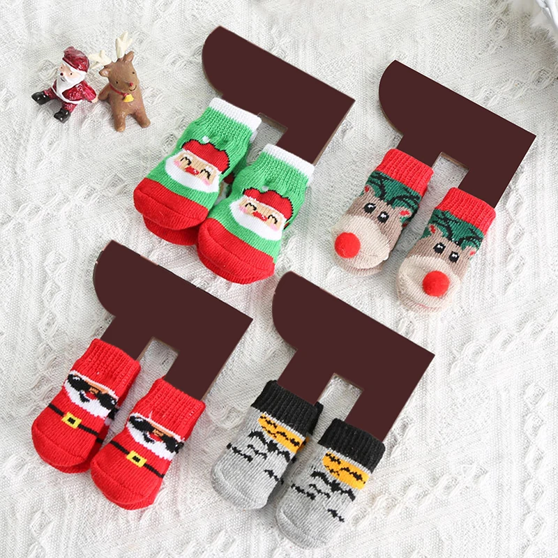 

Носки для собак и кошек, 4 шт./компл., нескользящая Рождественская обувь, тканая защита лап на тему праздника, вязаные товары для домашних жив...