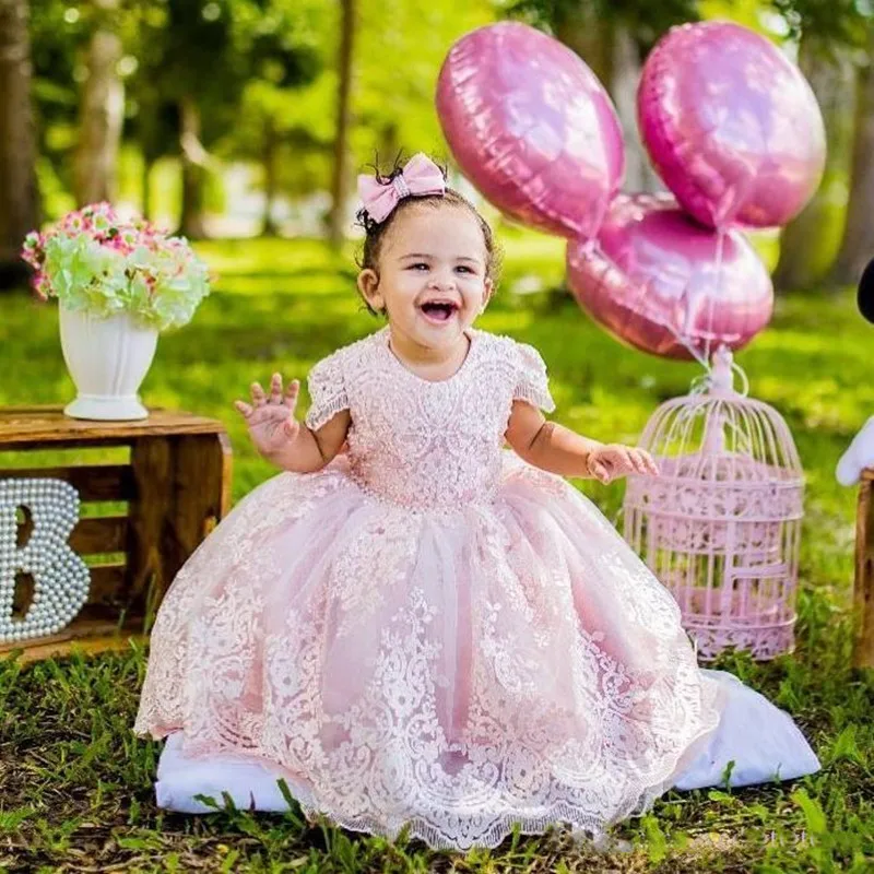Adorable Pink Ball Gown Flower Girls Dresses For Wedding Lace Appliques Birthday Gowns Beaded Floor Length Tulle First Birthday