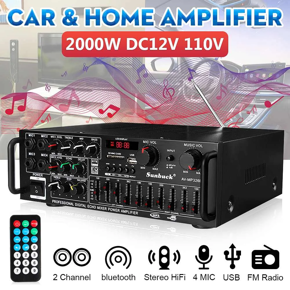 

Sunbuck Stereo Amplifier 110V Bluetooth Version Wireless 2 Channel Hifi Stereo Audio Home Karaoke Power Amplifier Car Auto Audio