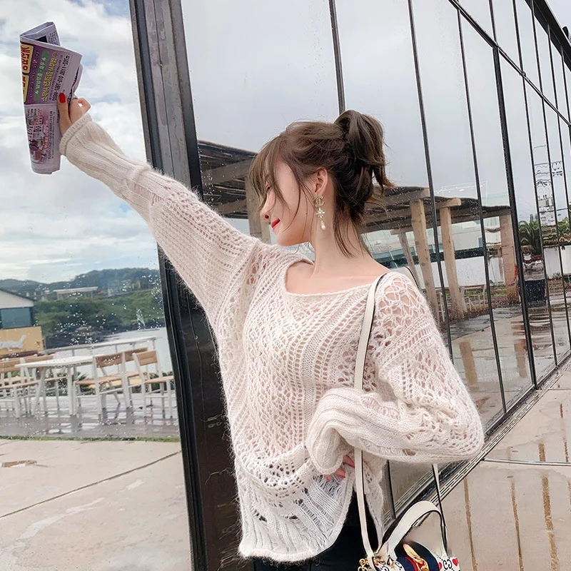 

Женский Белый мохеровый пуловер с длинным рукавом, свитер, Осенний модный сексуальный рваный полой ленивый розовый вязаный простой Свитер ...