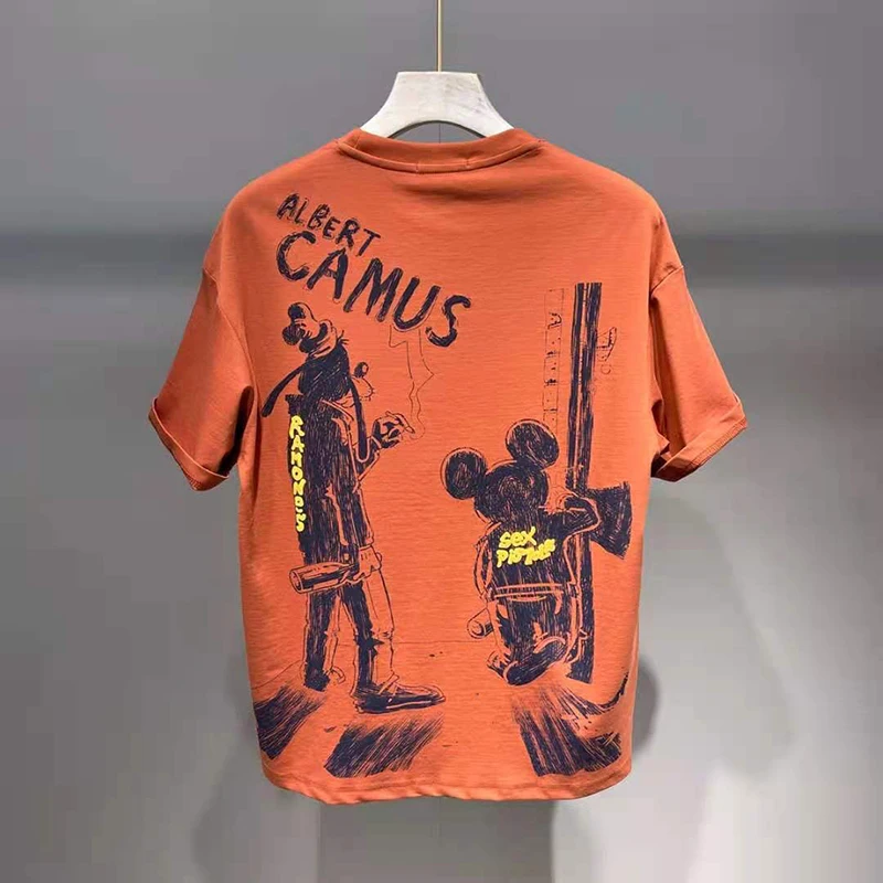 

Футболка мужская с круглым вырезом, хлопок, дышащая, с коротким рукавом, с мультяшным принтом, Повседневная модная уличная молодежная одежд...