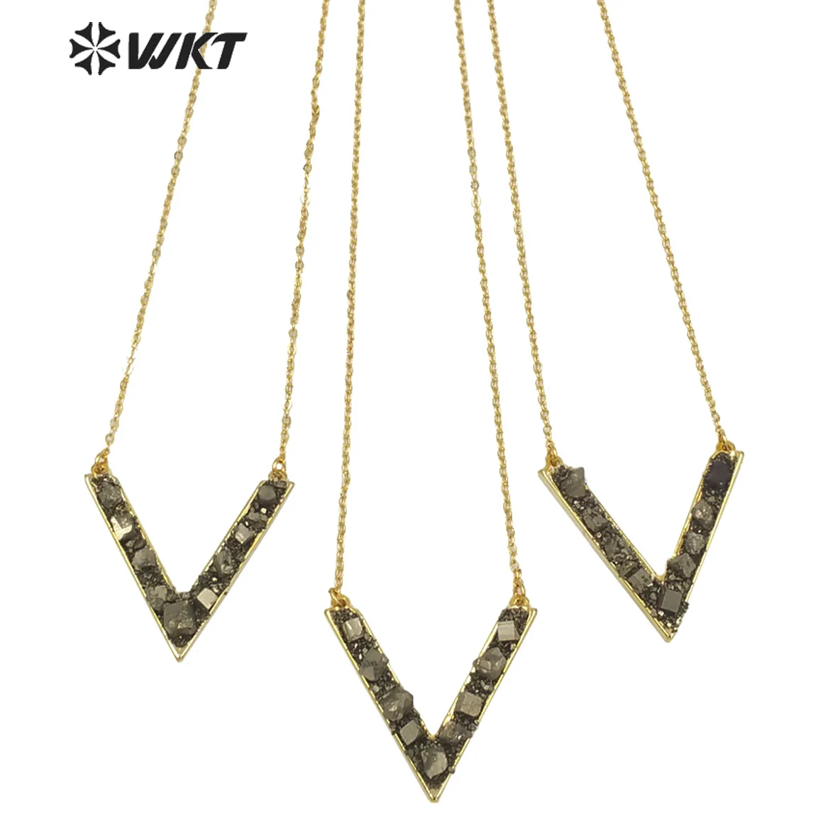 WT-N714 Amazing design Letter V Pendant gold necklace Jewelry natural pyrite stone letter charm pendant 18&quotchain gift | Украшения и