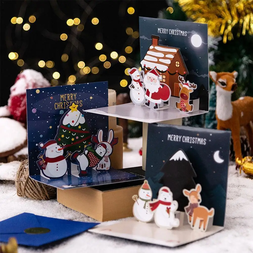 

3D Up Greeting Cards With Envelope Friend Family Blessing Postcard For Birthday New Year Christmas Gifts Xmas Decoration K8M4