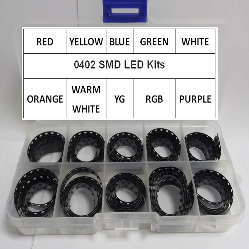 10 Values x100Pcs =1000Pcs/Lot 0402 Smd Led Diode Red Yellow Blue Emerald Green Orange White Warm Purple RGB BOX