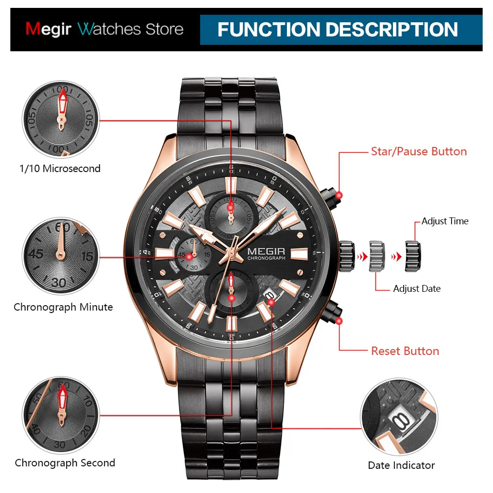 

MEGIR Men's Chronograph Quartz Watches 2020 New Luxury Military Sports Stainless Steel Wrist Watch Luminous Hands 30m Waterproof