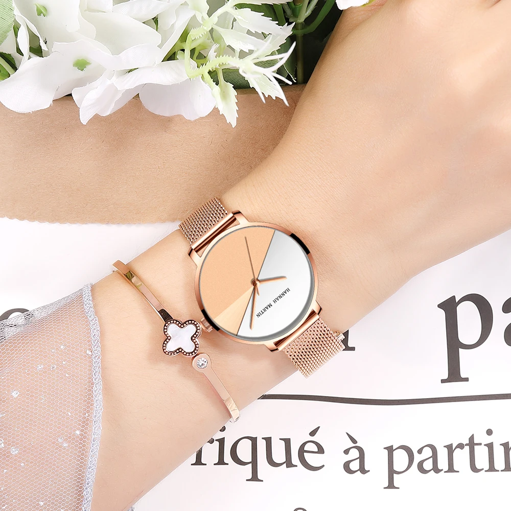 A + качественные женские часы из розового золота с сеткой нержавеющей стали