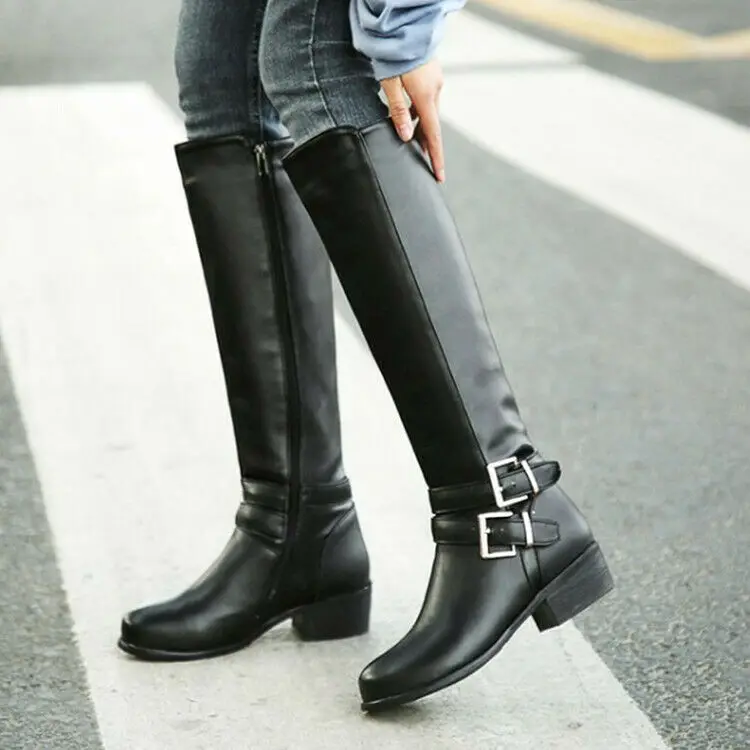 

Women Winter Warm Mid Calf Buckle Riding Boots Chunky Heel Round Toe Shoes Plus Size