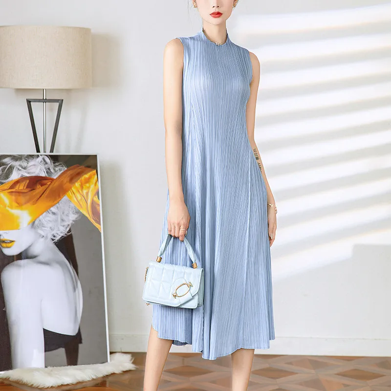 

Miyake pleated dress 2022 women's summer sleeveless half-high collar bottoming with slim slimming loose temperament dress women