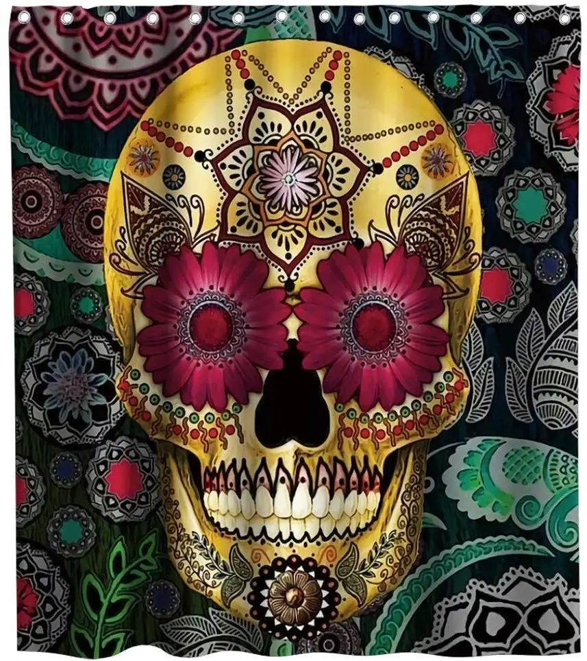 

Final Friday Funny Gold Sugar Skull Floral Theme Fabric Shower Curtain