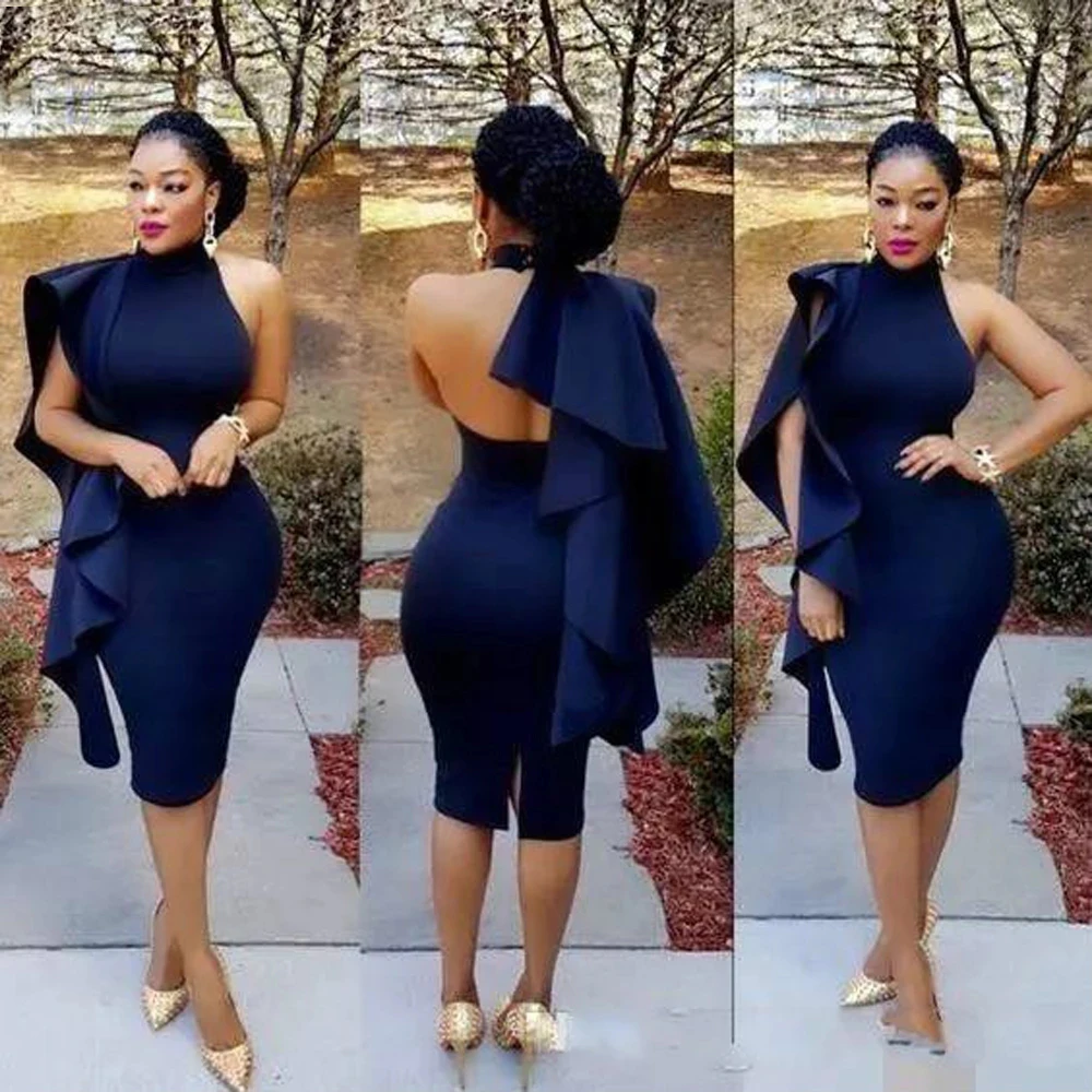 

2021 Elegant Navy Blue Arabic Sheath Cocktail Dress Knee-Length Formal Club Evening Prom Party Gown Plus Size Homecoming Dress