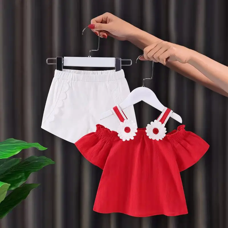 

Детский костюм для девочек, новинка 2021, летняя одежда для девочек, летняя одежда для детей среднего и маленького возраста, летняя женская од...