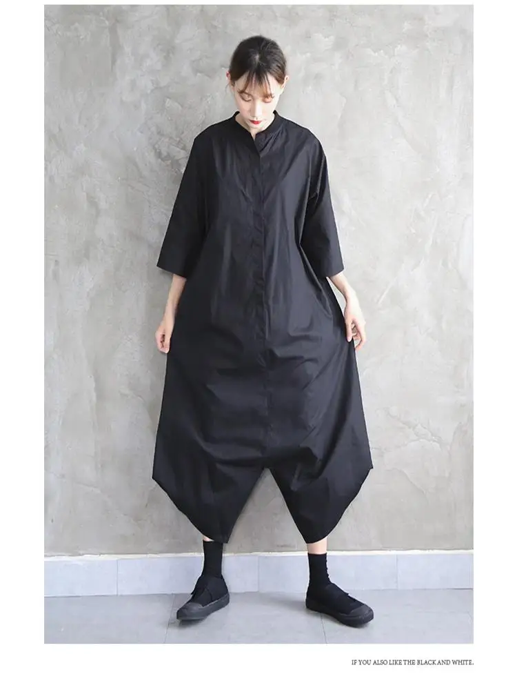 Women's Spring and Autumn Black Character Jumpsuit Nine Split Jumpsuit Low Grade Super Loose Long Sleeve Jumpsuit