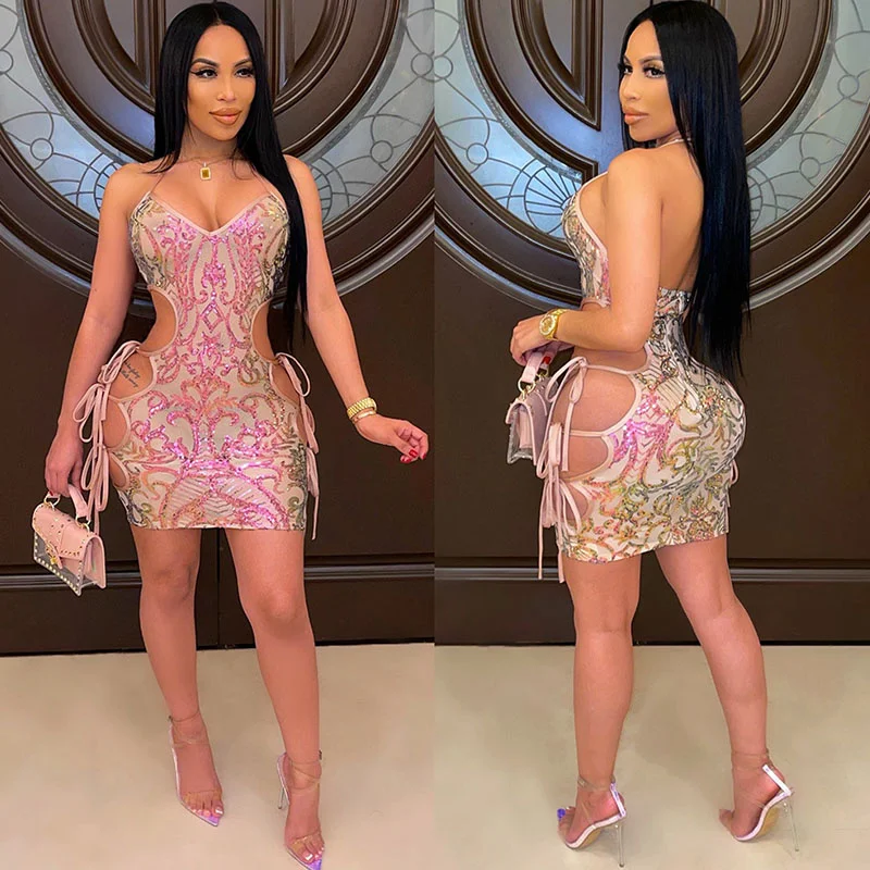 

Chic Sheer Mesh Sequin Dress Women Party Night Club Dresses Halter Backless Lace-up Hollow Out Bodycon Mini Dress Vestidos Mujer