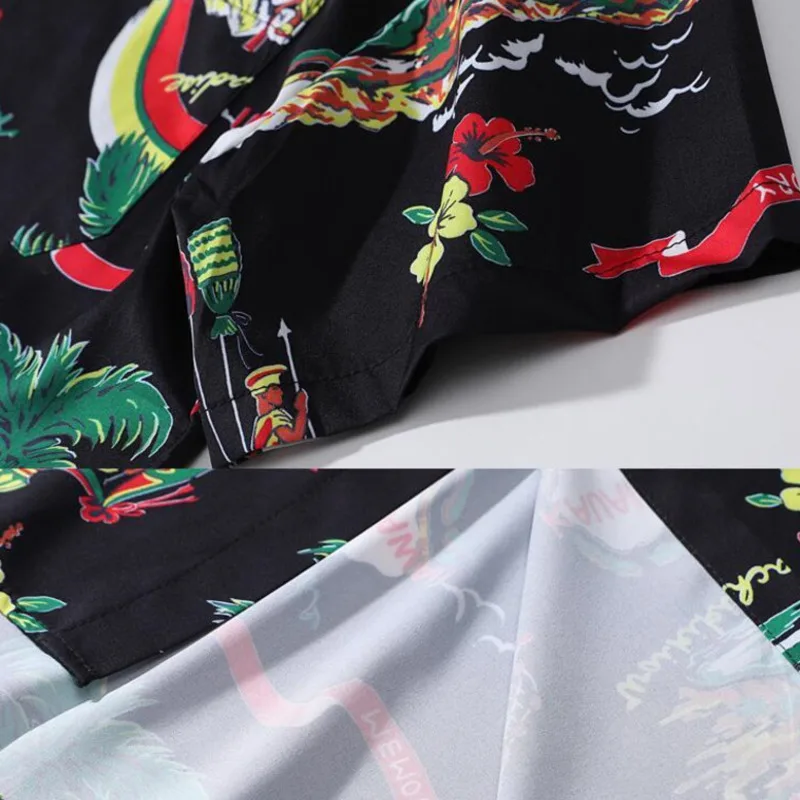 

#7221 Black Beach Shirt For Men Loose High Street Printed Shirts Men Short Sleeve Hawaiian Retro Man Shirts High Quality Summer