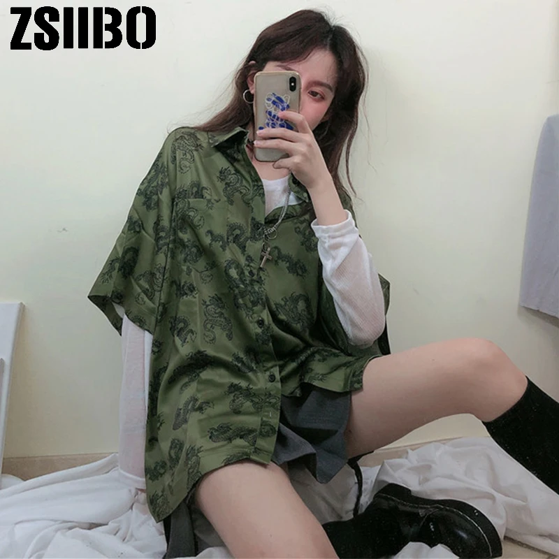 

Женская однобортная футболка HarajukuT, зеленая повседневная футболка с коротким рукавом и китайским драконом, в стиле ретро, на лето