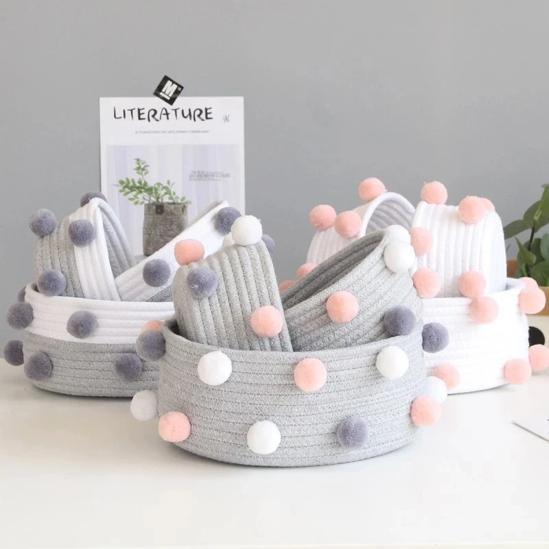 

Pompom Cotton Rope Storage Baskets Handmade Woven Dirty Clothes Laundry Basket Kids Toys Desktop Sundries Organizer Hamper