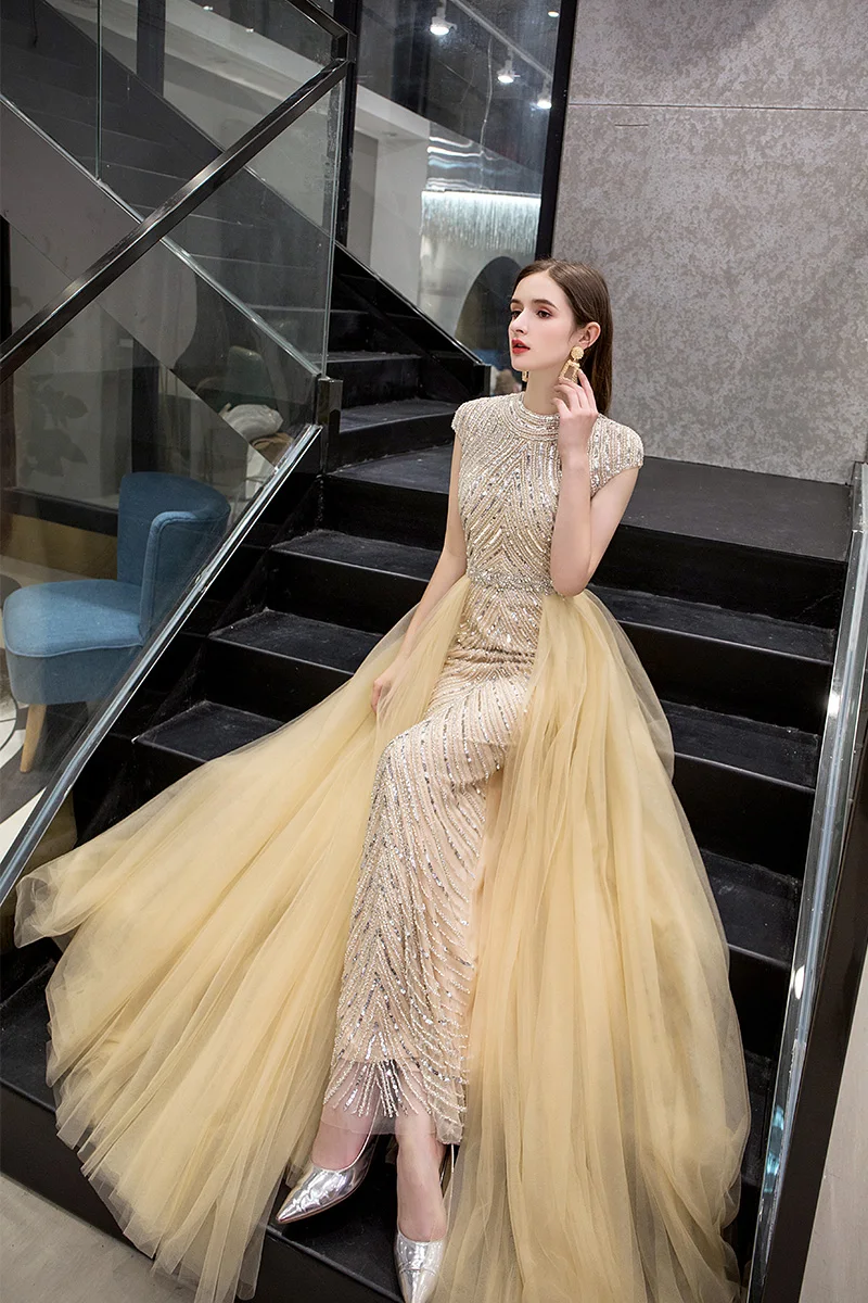 

Vintage Evening Dresses with Overskirt High Neck Cap Short Sleeves Mermaid Luxury Gold Formal Celebrity Party Gowns ZD2015