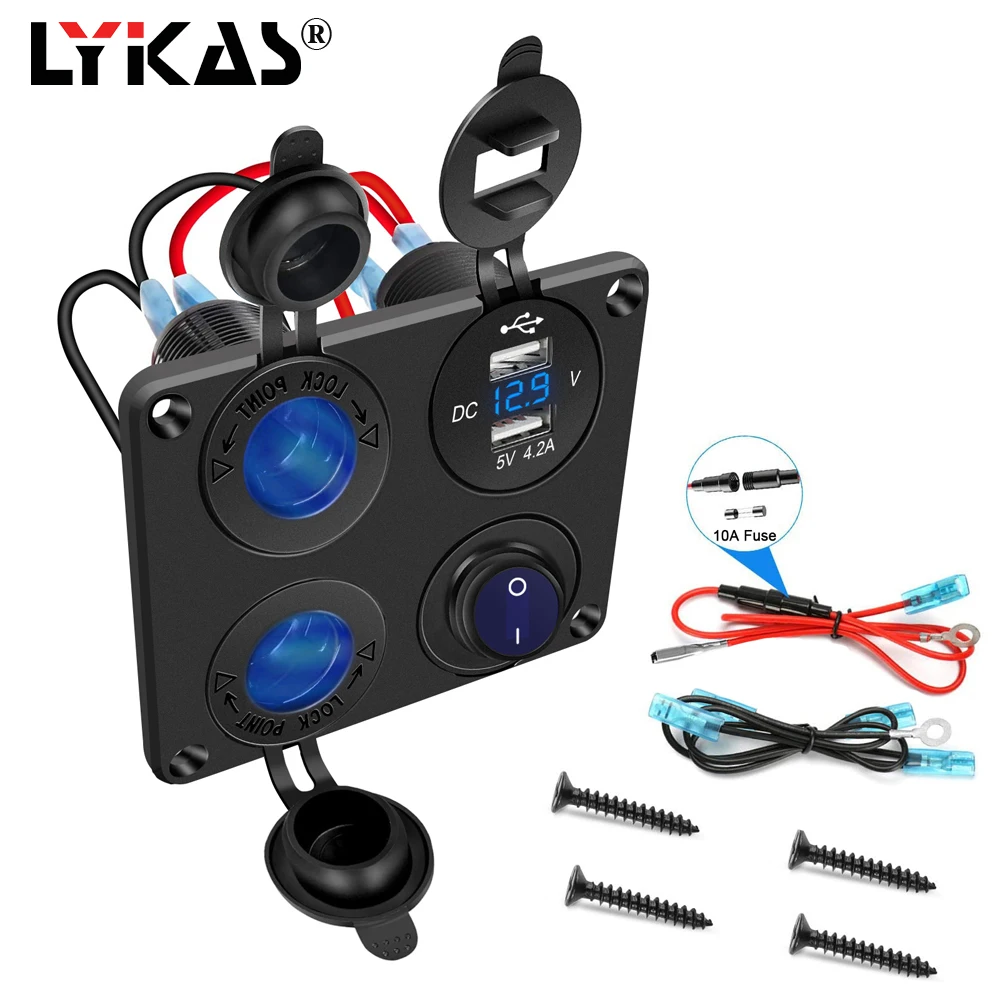 

LYKAS Dual USB Socket Charger with LED Voltmeter Toggle Switch On Off Panel Mount Outlet for Car Boat Marine RV Truck