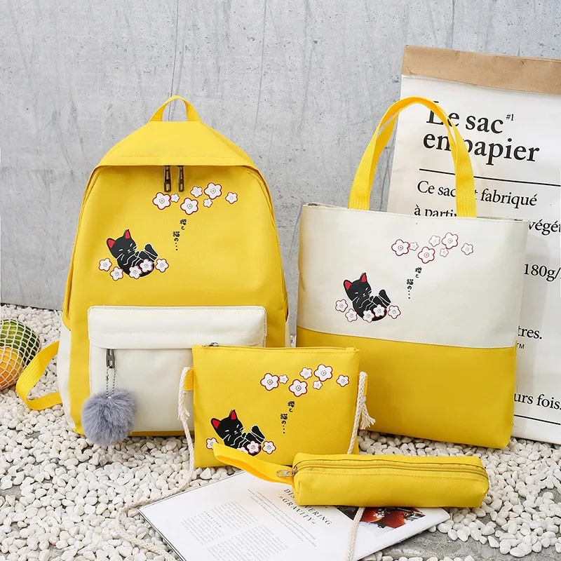 

4 Sets/Pcs Woman Laptop Backpack Ribbons School Backpacks cute cat Schoolbag For Teenagers Girls Student Book Bag Female Satchel