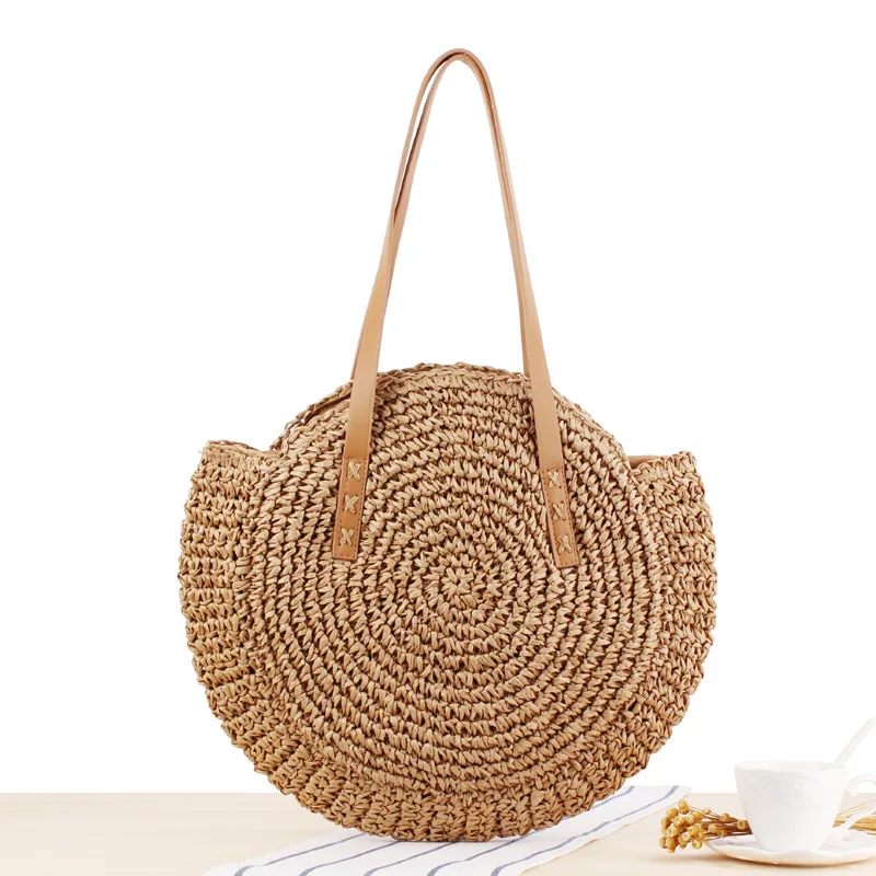 

Round Straw Beach Bag Vintage Handmade Woven Shoulder Bag Raffia circle Rattan bags Bohemian Summer Vacation Casual bag fo women