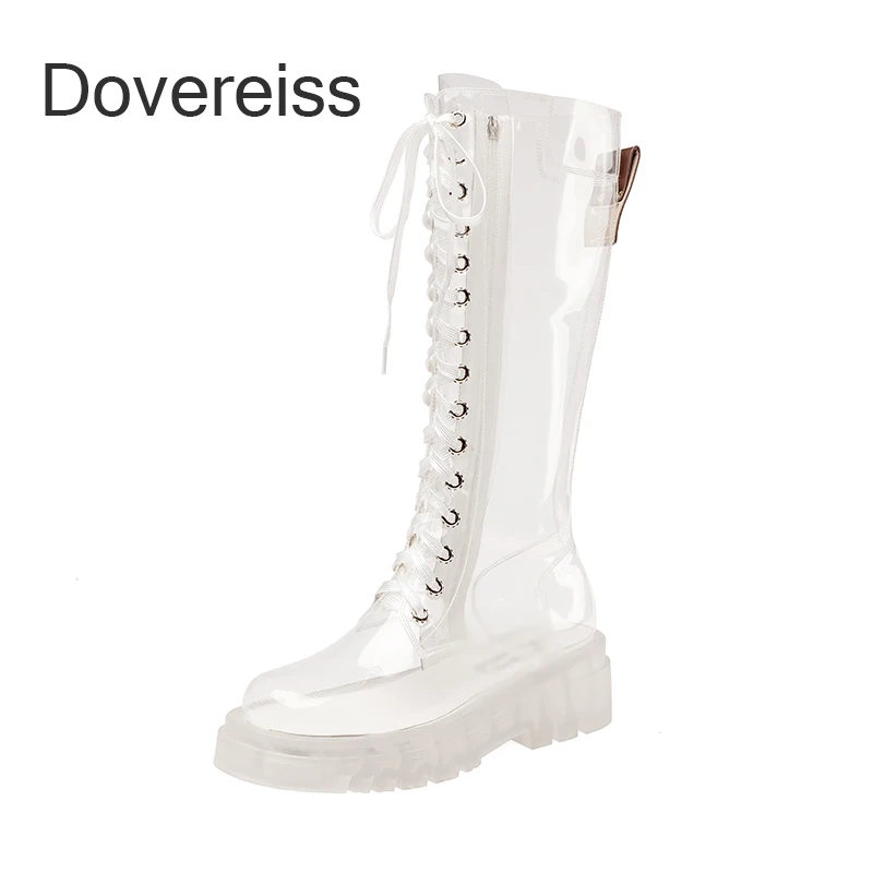 

Dovereiss Fashion Summer Zapatillas Mujer Sexy Zipper Goth Punk Cross Tied Cool Boots Rose Red Rivets PVC Knee High Boots 40
