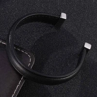 trendy couple jewelry black genuine leather open cuff bracelet silver color stainless steel women bangles men wristband sp0989h