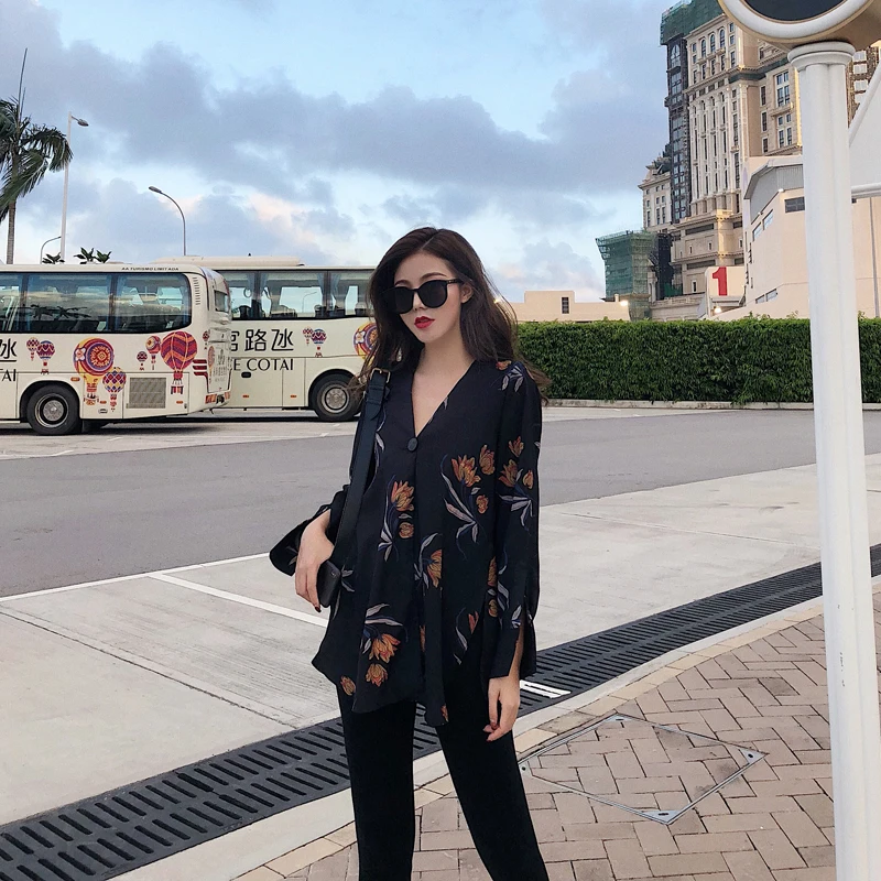 Женская шифоновая блузка с длинным рукавом винтажная v-образным вырезом и