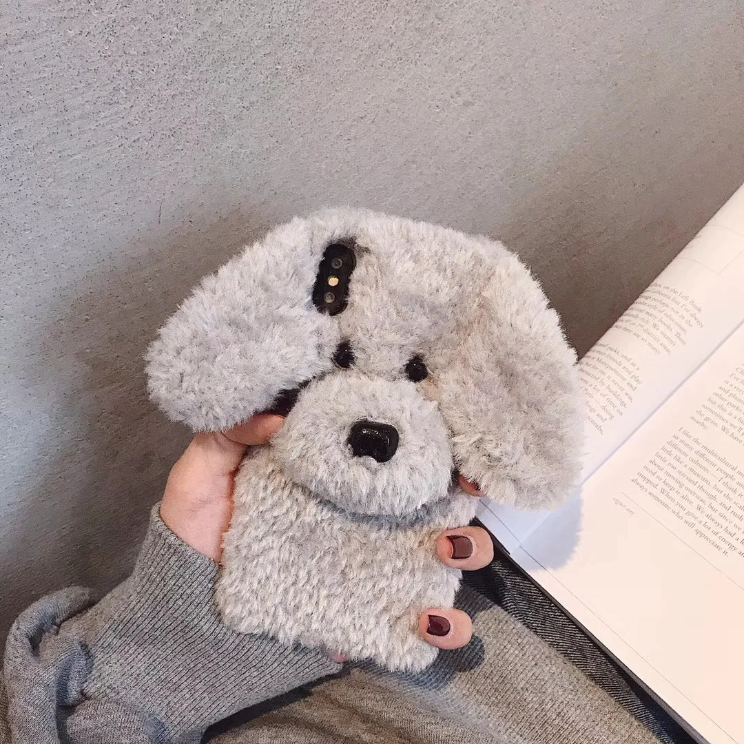 Gray dog PEIPENG 3D милый животный плюшевый собачий Пушистый Теплый Меховой чехол для телефона для iPhone 7 Plus силиконовый чехол для iPhone X XS Mas 8 7 6 6s Plus XR - Цвет: Gray dog