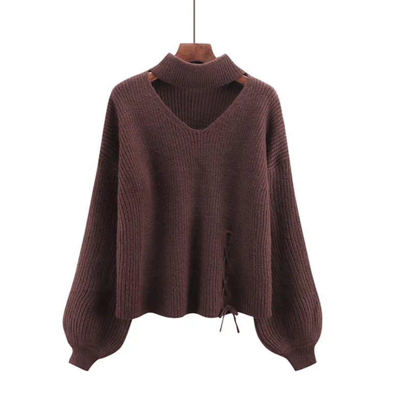 

Autumn Winter New Korean Sweater Women's Solid Color Knitted Sweater Women V-neck Long Sleeve Trend Bandage Sexy Pullover