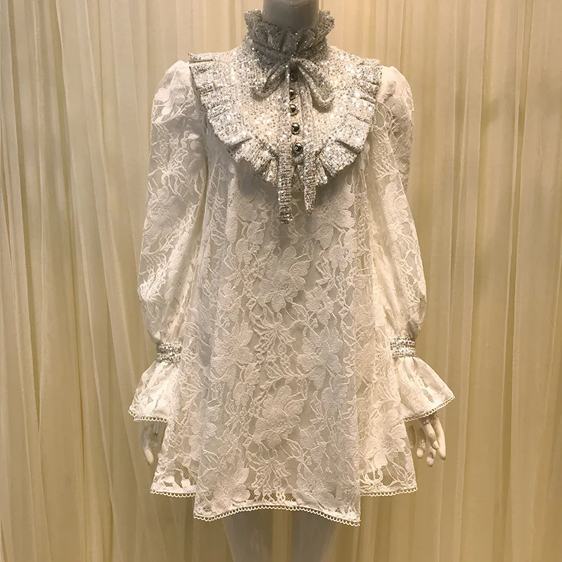 

Woman White Short Dress Top Quality Long Sleeve Sequin Dresses 2021