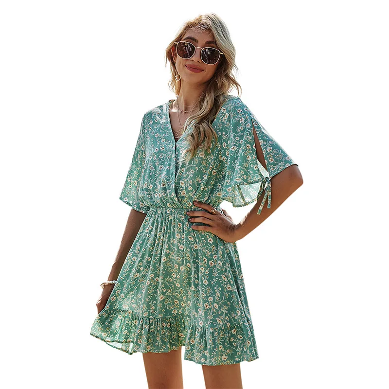 

Floral Dresses Women Dress Fairy Clothes Short Sleeve Casual Sexy Outfit V-neck Elegant Summer Midi Women's Ladies Clothing