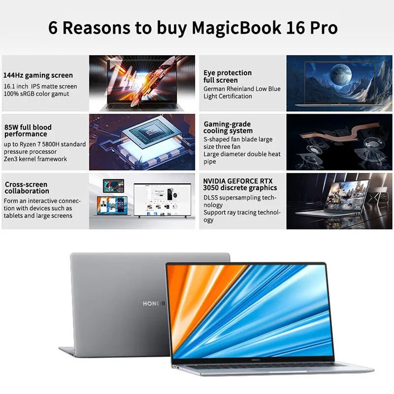 HONOR MagicBook 16 Pro 2021 Edition 1 '𧅄Hz AMD Ryzen R7-5800H Octa Core GTX1650/RTX3050 16GB DDR4 512GB SSD Windows 10 |