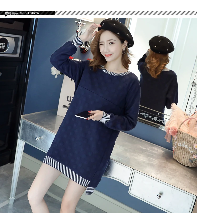 New Winter Round Collar Postpartum Women Fleece Lactation Dress Long High-Low Zipper Fly Maternity Breastfeeding Dress Cute