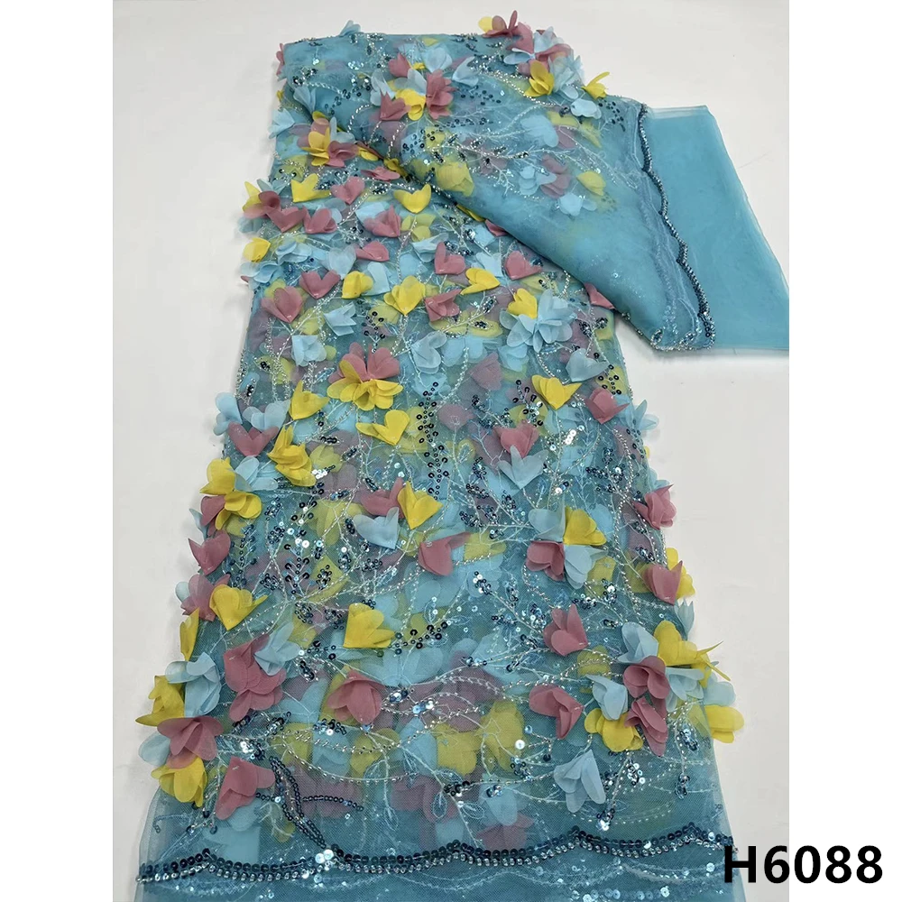 Tela de encaje africano con flores en 3D, tejido de tul nigeriano con cuentas, 5 yardas, para vestido de novia, HX6088, novedad de 2021-0