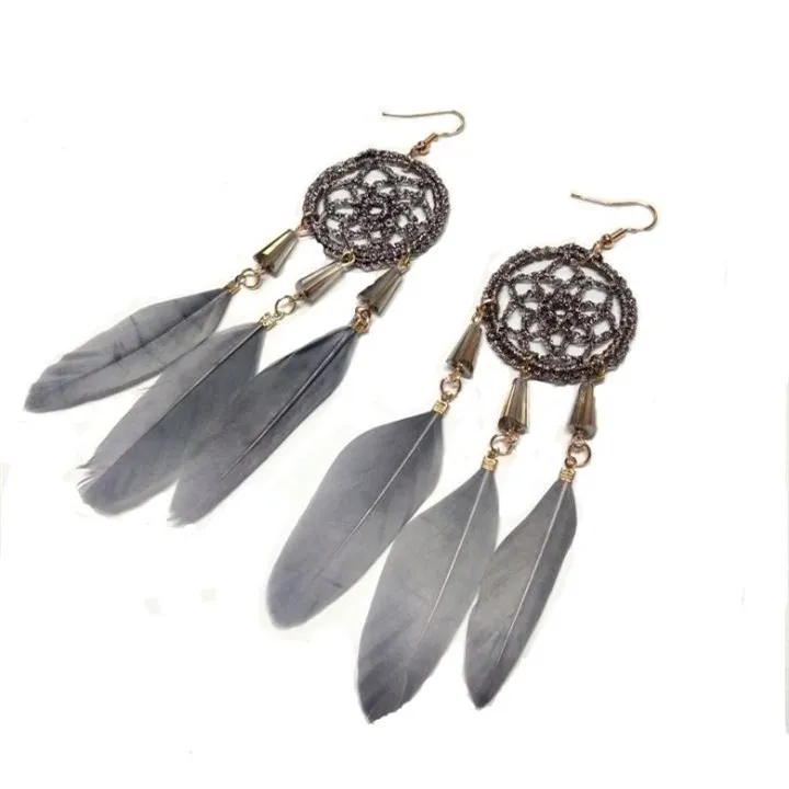 

1 Pair Bohemia Feather Beads Long Design Dream Catcher Earrings for Women Jewelry