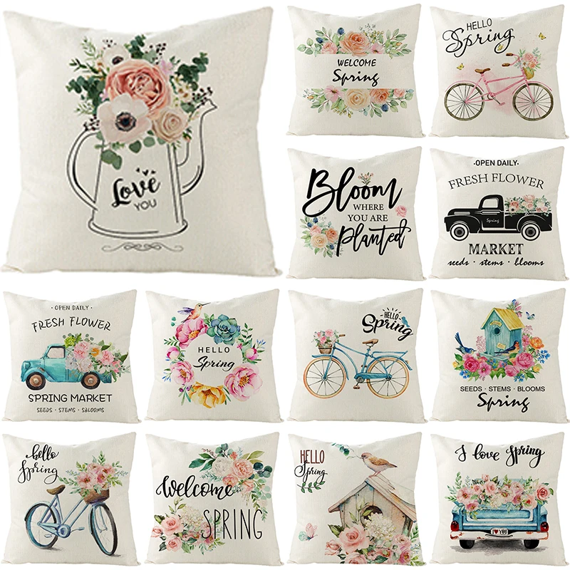 

Cushion Cover Spring Flowers Home Decoration Linen Pillow Case for Sofa Car Livingroom Nordic Housewares Personalized Gift 45*45