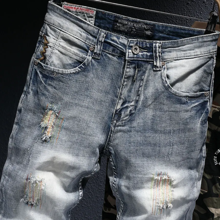 European Street Fashion Men Jeans Retro Light Blue Elastic Slim Ripped Jeans Men Embroidery Designer Hip Hop Denim Pencil Pants
