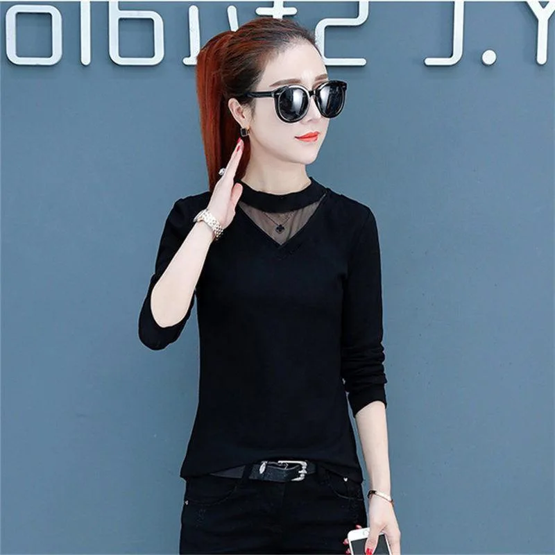 

2020 New Korean Autumn Stitching Mesh Long Sleeve T-shirt Round Neck Slim Skinny Women's Shirt