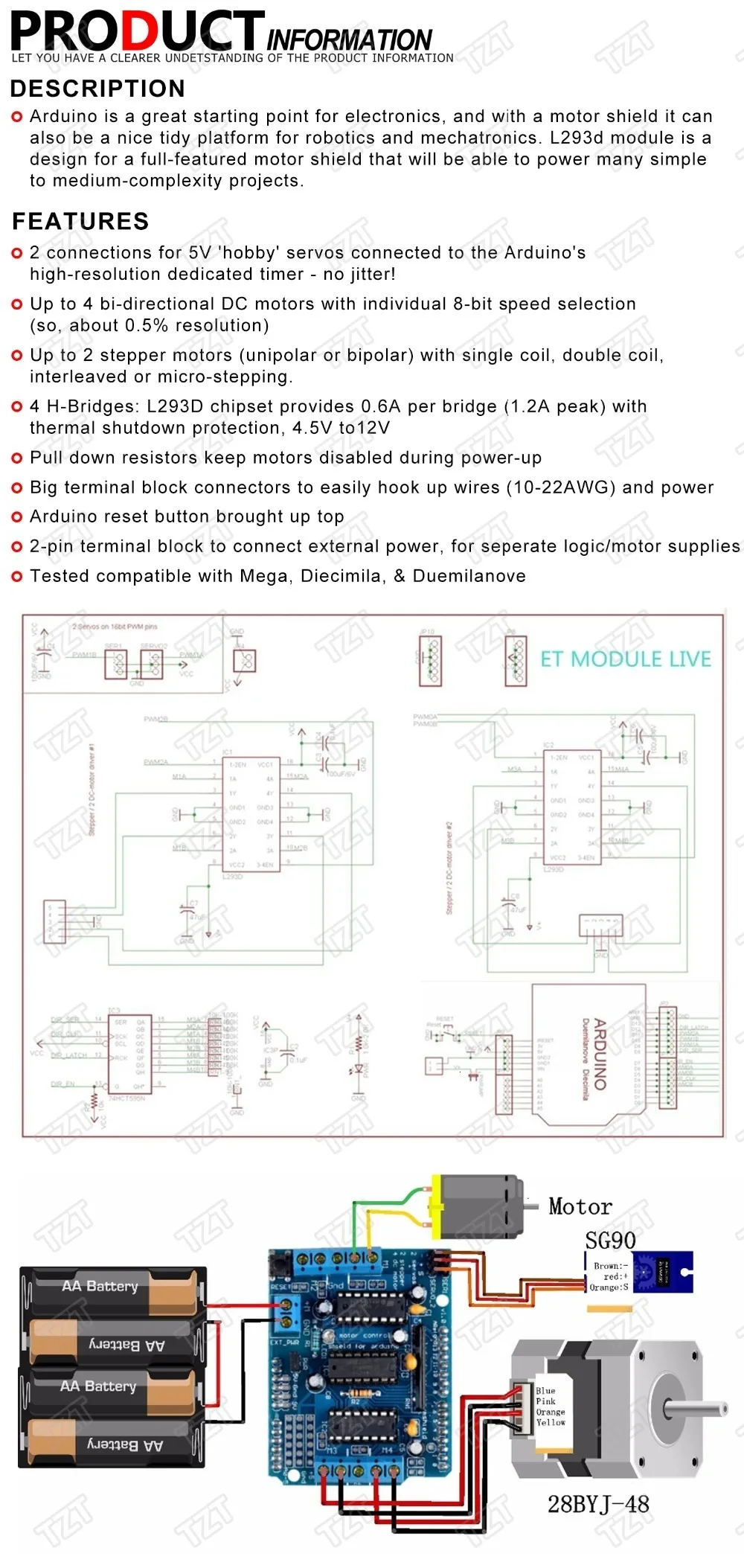 TZT L293D моторный привод щит двойной для arduino Duemilanove, плата расширения привода двигателя Щит управления двигателем
