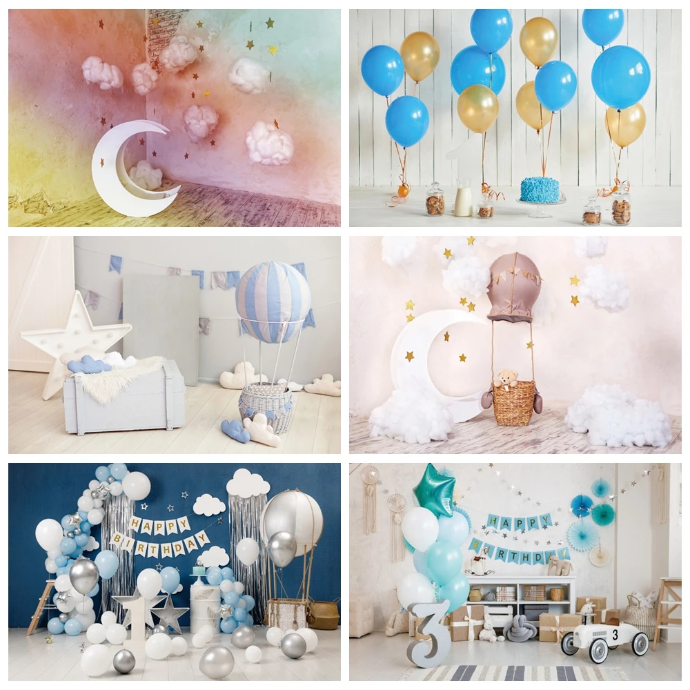 

Laeacco Birthday Photophone White Clouds Stars Hot Air Balloon Gifts Baby Shower Party Backgrounds Photography Backdrops Studio